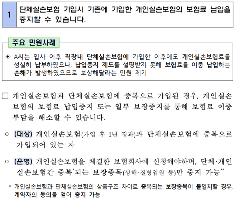 단체실비 가입 시 개인실비 보험료 납입중지 조건과 신청방법을 안내한 금융감독원 자료