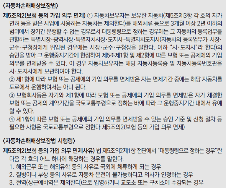 자동차손해배상보장법 자동차보험 가입 의무 면제 사유 및 운행중지 기준